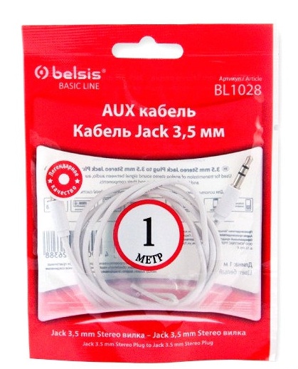 Аудио кабель Jack-Jack 3,5мм, стерео-аудио 1м, белый плоский Belsis
