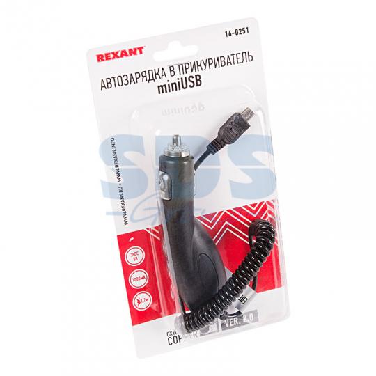 Автозарядка в прикуриватель miniUSB (АЗУ) (5V, 1000mA) шнур спираль 1. 2М черная REXANT