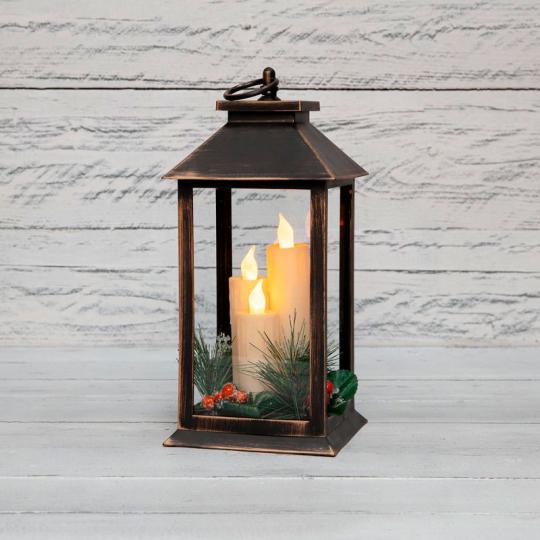 Декоративный фонарь со свечкой и шишкой, бронзовый корпус,цвет теплый белый